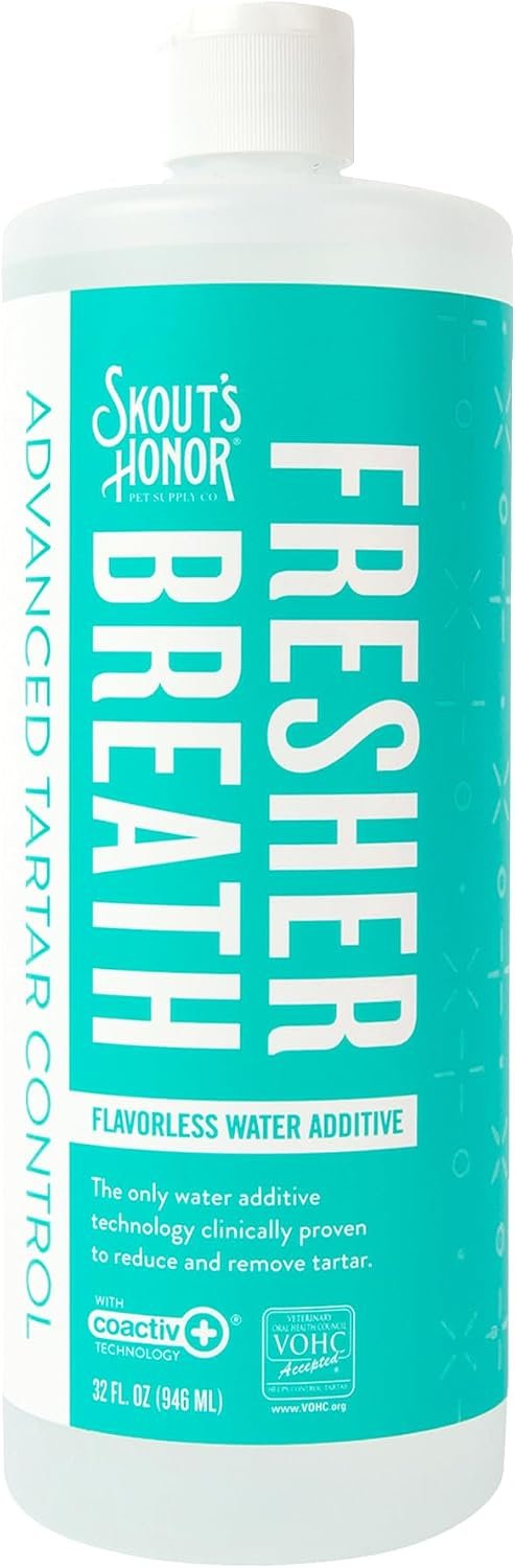 SKOUT’S HONOR Fresher Breath Water Additive, Fresh and Flavorless – VOHC Accepted for Tartar Control, Freshens Breath Fast, No Brushing Required, Great for Both Cats and Dogs, 32 oz