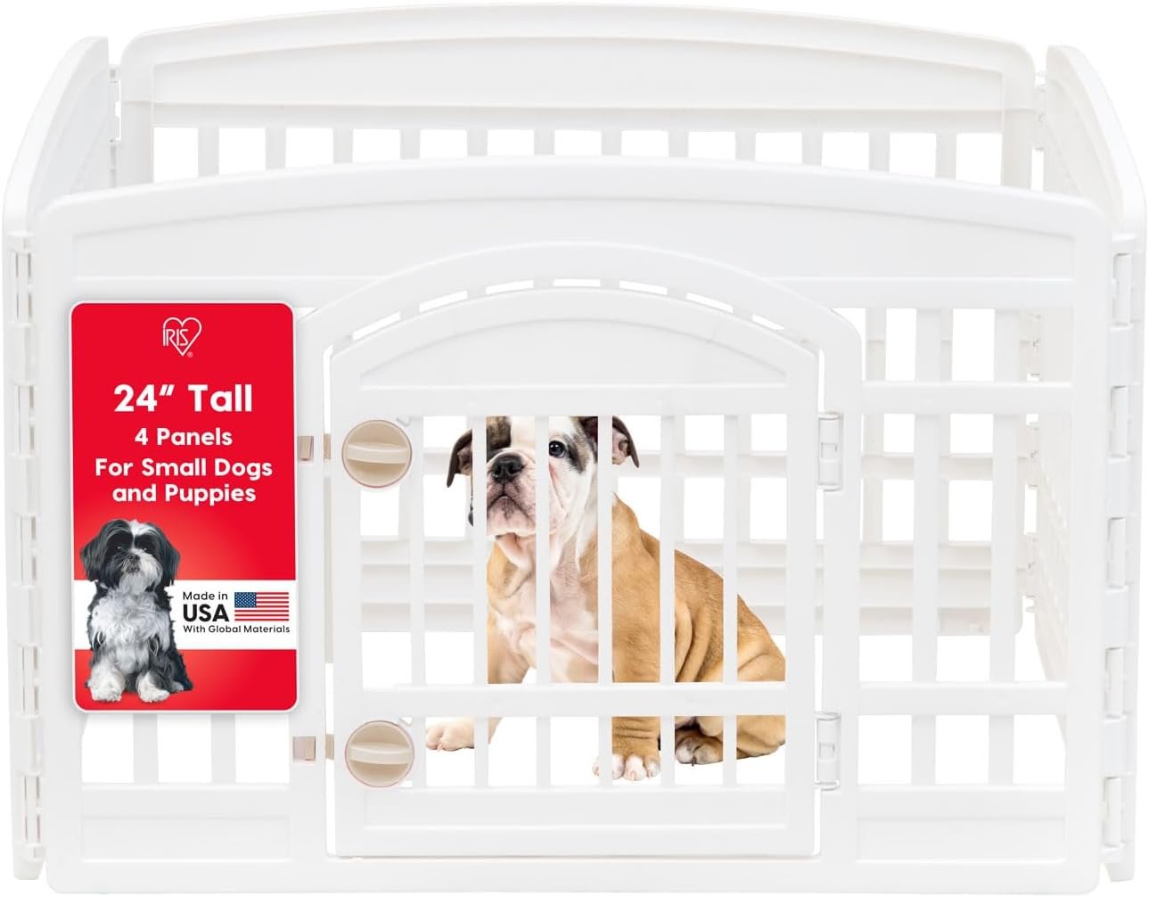 IRIS USA Dog Playpen with Door, 24” 4 Panel Pet Exercise Pen – Indoor Outdoor Puppy Play Pen, Portable Plastic Pet Fence for Small Medium Dogs, Foldable 35” x 35” x 24”, White