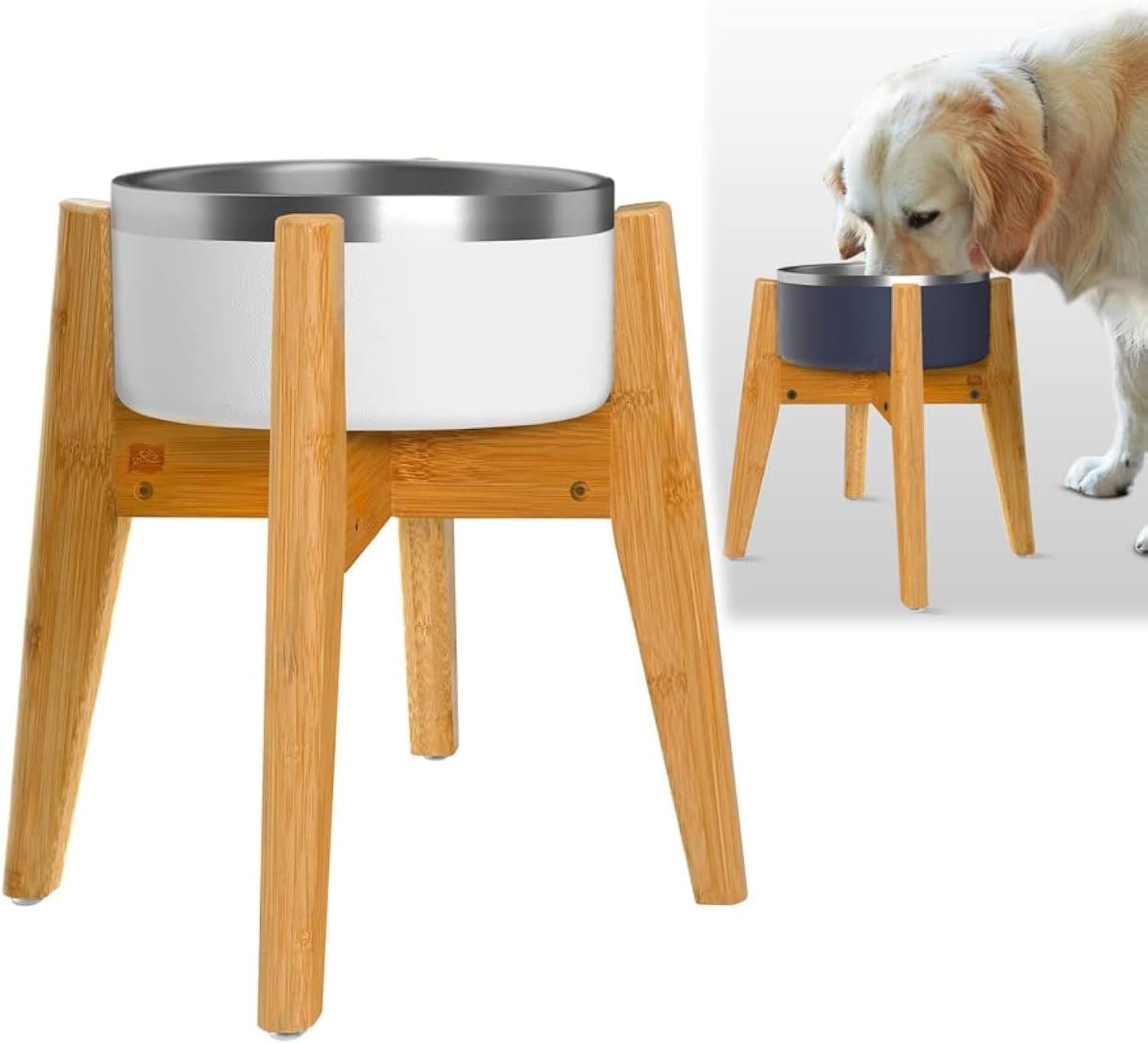 Dog Bowl Stand (14-inch High) – Ideal for Large Breeds, Use to Elevate, Raise Pet Dishes, Water Fountains and Slow Feeders – Adjustable Sideways, Bamboo – (Bowls not Included)