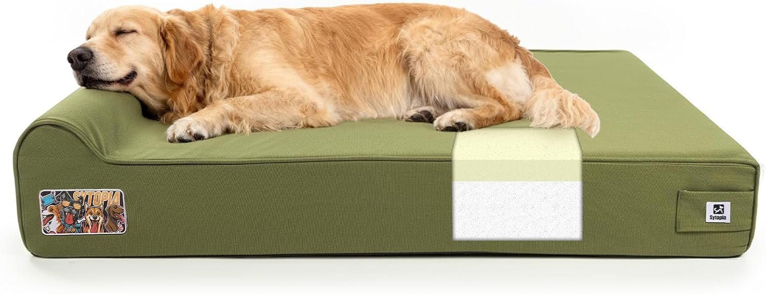 Sytopia 7″ Thick Orthopedic Dog Beds for Extra Large Dogs, 35D Memory Foam Durable Canvas Pet Bed with Chew Proof Fabric Cover, Up to 150 Pounds, Waterproof Liner & Washable Cover Design, Green