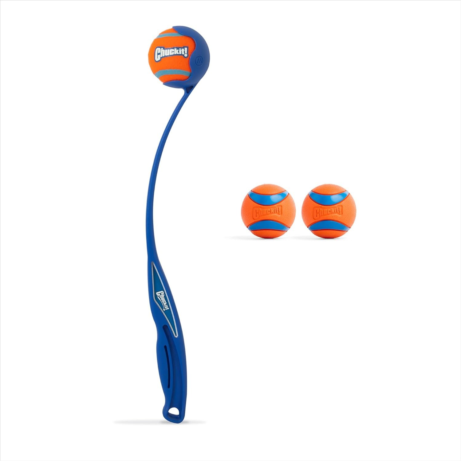 Chuckit! Ultra Ball & Launcher Bundle – Sport 18″ with 2 Pack Medium (2.5″) Bouncy Fetch Balls for Dogs 20-60 lbs, Dog Fetch Ball Thrower