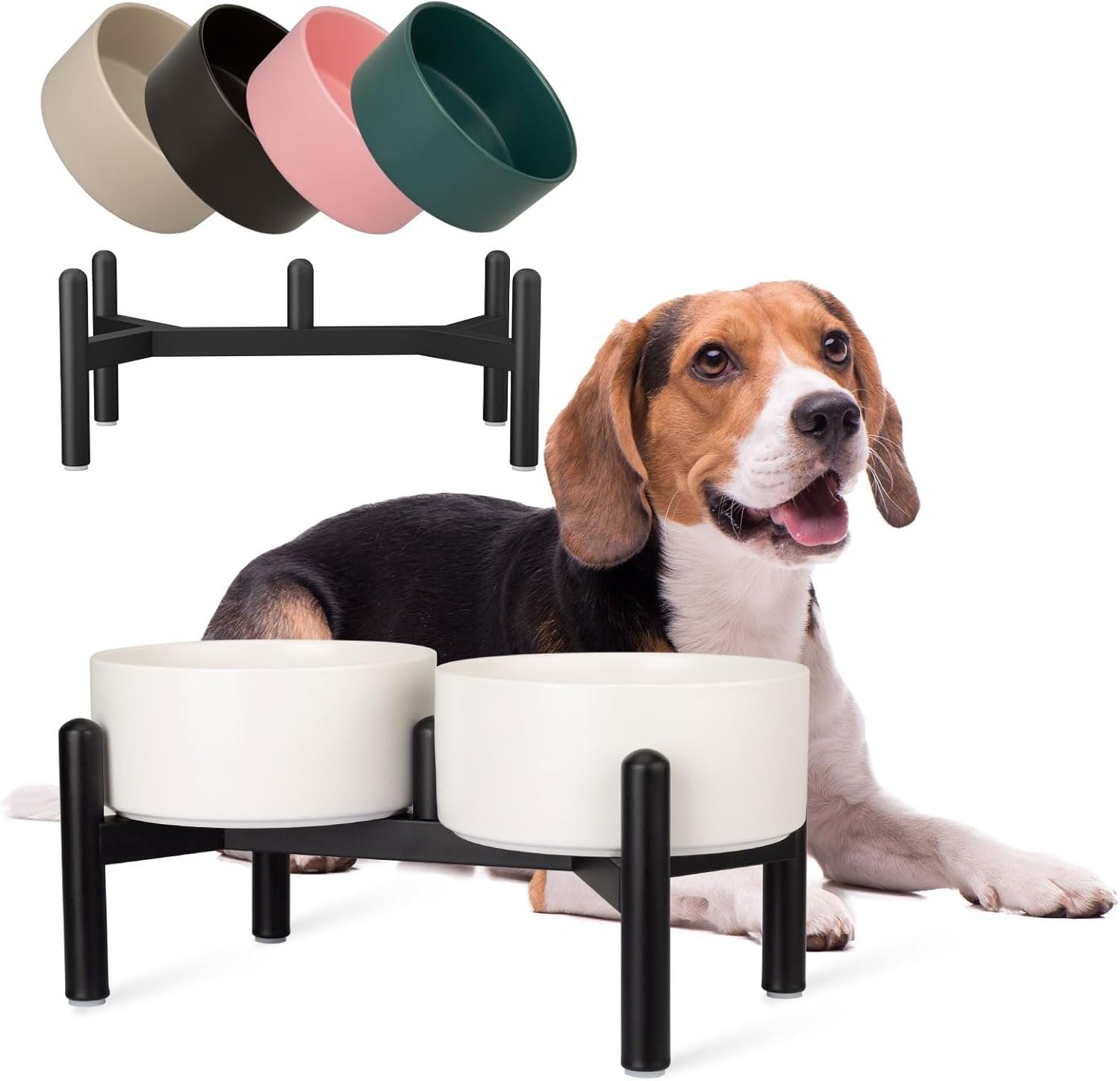 Raised Ceramic Dog Bowl Set – Elevated Double Dishes with Stainless Steel Stand – Food and Water Bowls for Small to Medium Dogs – Each Holds 3.5 Cups (29.57 fl oz) – White