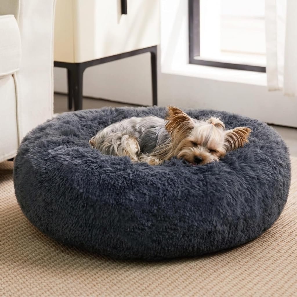 WNPETHOME Calming Dog & Cat Bed, Anti-Anxiety Donut Bed, Fluffy Faux Fur Cushion for Small Dogs and Cats (24 x 24 x 8 Inch, Navy Grey)