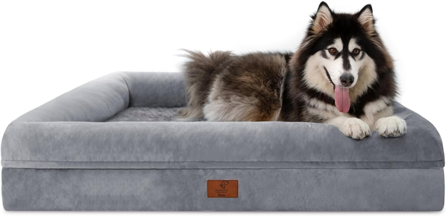 Yiruk XL Orthopedic Dog Bed for Large Dogs, Big Waterproof Dog Bed with Removable Washable Cover, 4-Sides Bolster Support Pet Couch Sofa with Non-Slip Bottom, Grey