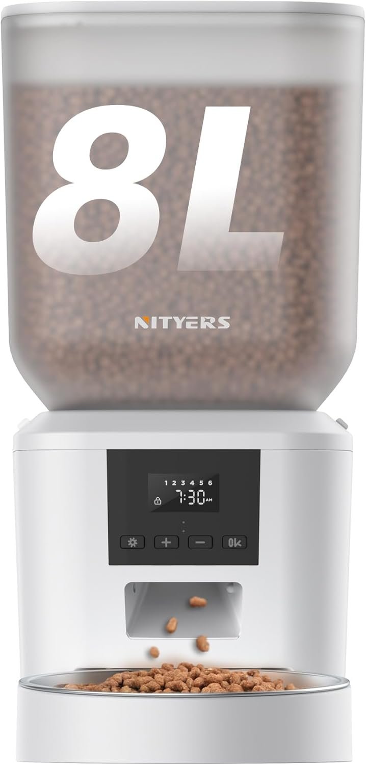 Automatic Dog Feeder – 8L/34 Cups Large Capacity Automatic Cat Food Dispenser with LCD Screen, Large Food Tray, Battery Operated, Timed Cat Feeder, Up to 50 Portions 6 Meals Per Day, Keeps Fresh