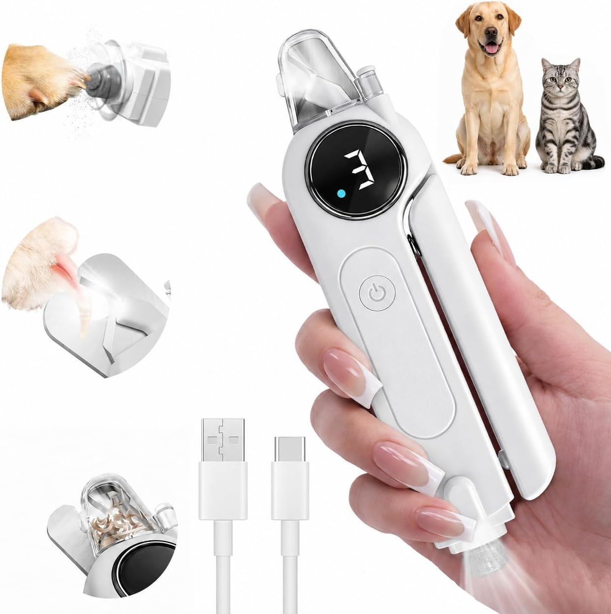 2-in-1 Dog Nail Clippers & Grinder with Light, Quiet Electric Pet Nail Trimmer for Large Medium Small Dogs & Cats, 3 Speeds, Rechargeable, Splash Guard & Safety Lock, Painless Grooming Tool (White)