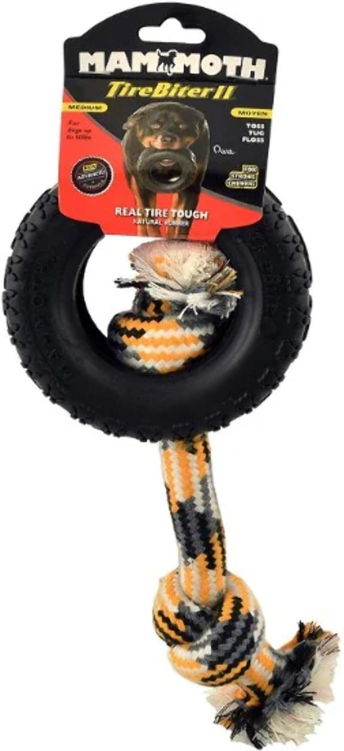 Mammoth Pet Products TireBiter w/Cotton-Poly Rope – Natural Rubber Dog Toys for Extreme Chewers – Dog Toys for Extra Long Interactive Play – Aggressive Chewer Toys for Small – Medium Dogs – Medium 5”