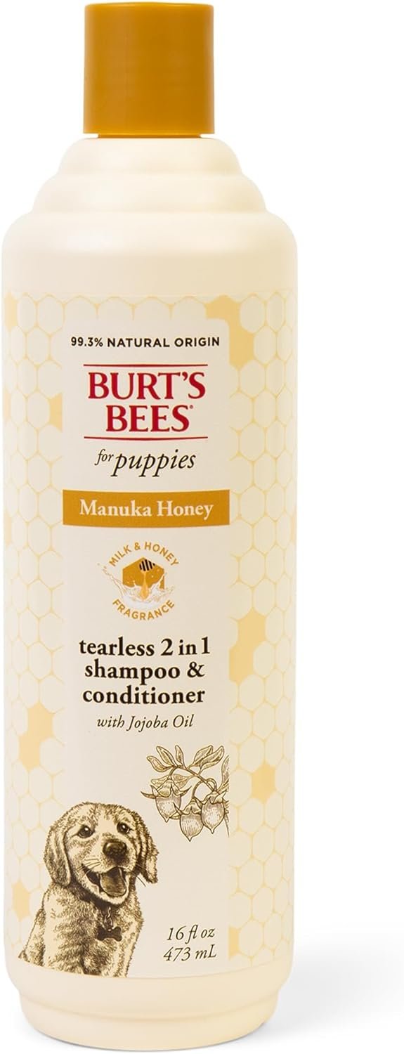 Burt’s Bees for Pets Manuka Honey Tearless 2-in-1 Dog Shampoo and Conditioner, with Jojoba Oil, 95% Natural Origin, Free of Sulfates, Milk and Honey Scent, 16 Fl Oz
