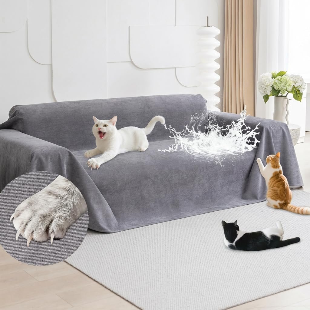 Loiion Cat Scratch Furniture Protector – Anti-Slip, Waterproof Sofa Cover to Keep Cats Off, Pet-Friendly Couch Protectors for 3 Cushion Couch, Gray Anti-Scratch Couch Cover for Pets and Kids 118″X71″