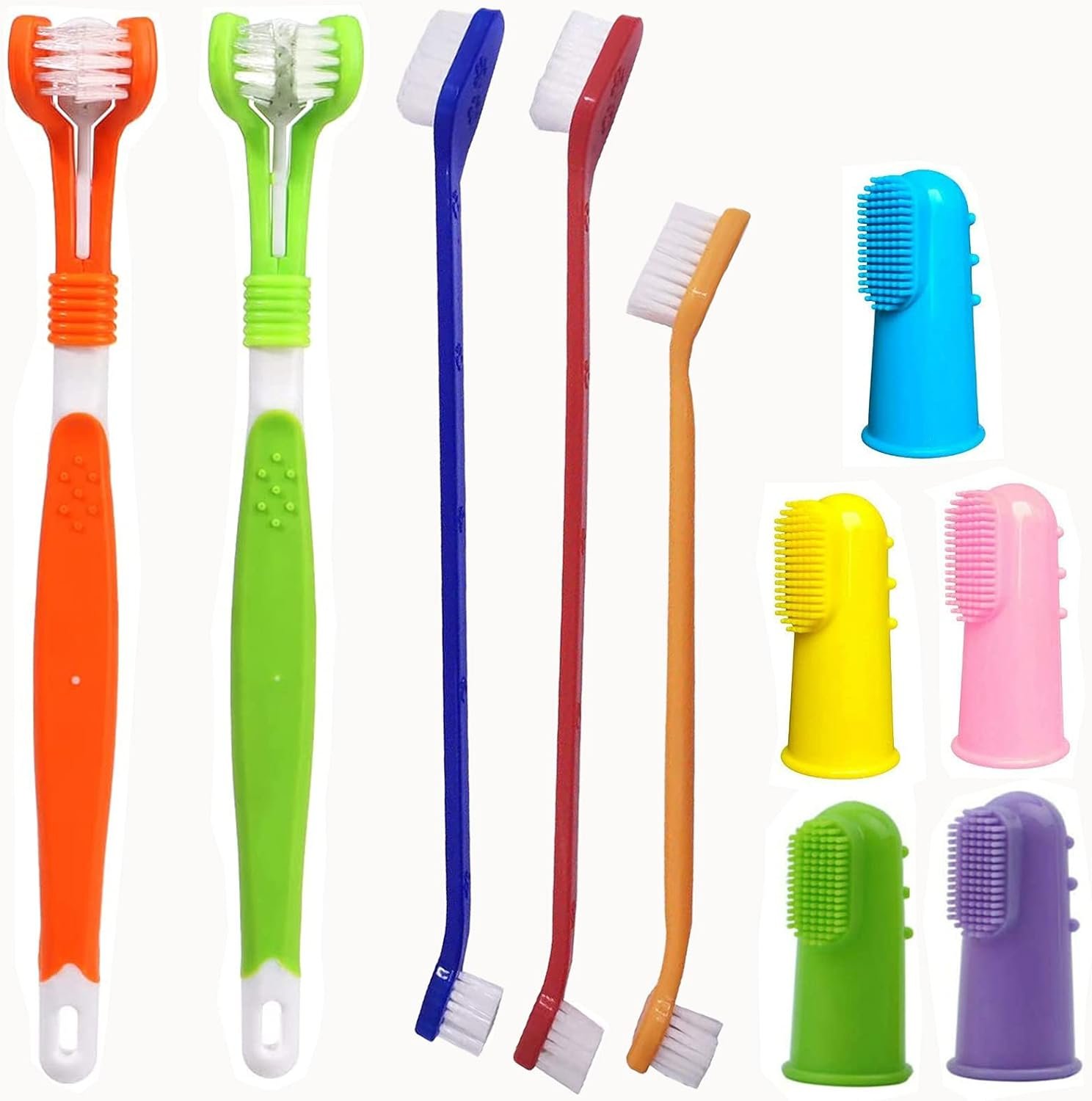 Zeyaa 10 Pack Pet Dog Toothbrush, 2 Triple Head Pet Toothbrushes 3 Double Head Tooth Brush 5 Pack Finger Rubber Toothbrushes, Multi-Angle Dental Cleaning Brushes for Dog Cat Oral Dental Health