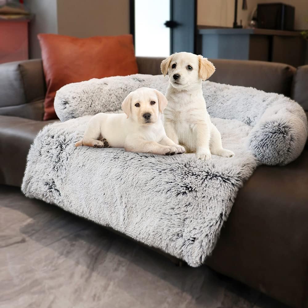 Calming Dogs/Cats Bed Mats, Dog Pad Washable Removable Couch Cover, Plush Long Fur Mat for Pets, Waterproof Lining, Perfect for Small, Medium and Large Dogs and Cats (Gradient Gray, 36″x31″)