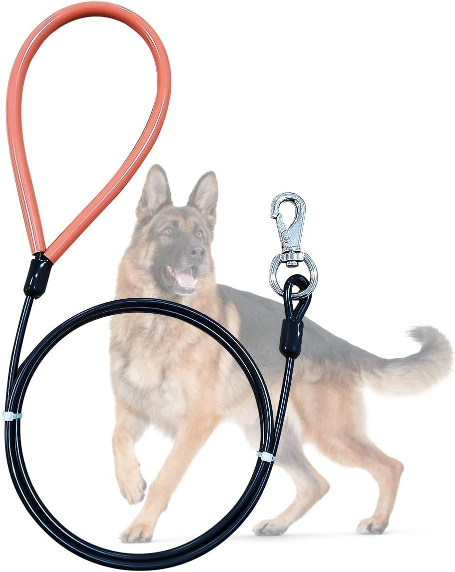 Heavy Duty Dog Leash, Chew Proof Metal Leash for Large Dogs (Up to 250lbs), WireRope Dog Leashes with Soft Silicone Grip (Black, 5 FT)