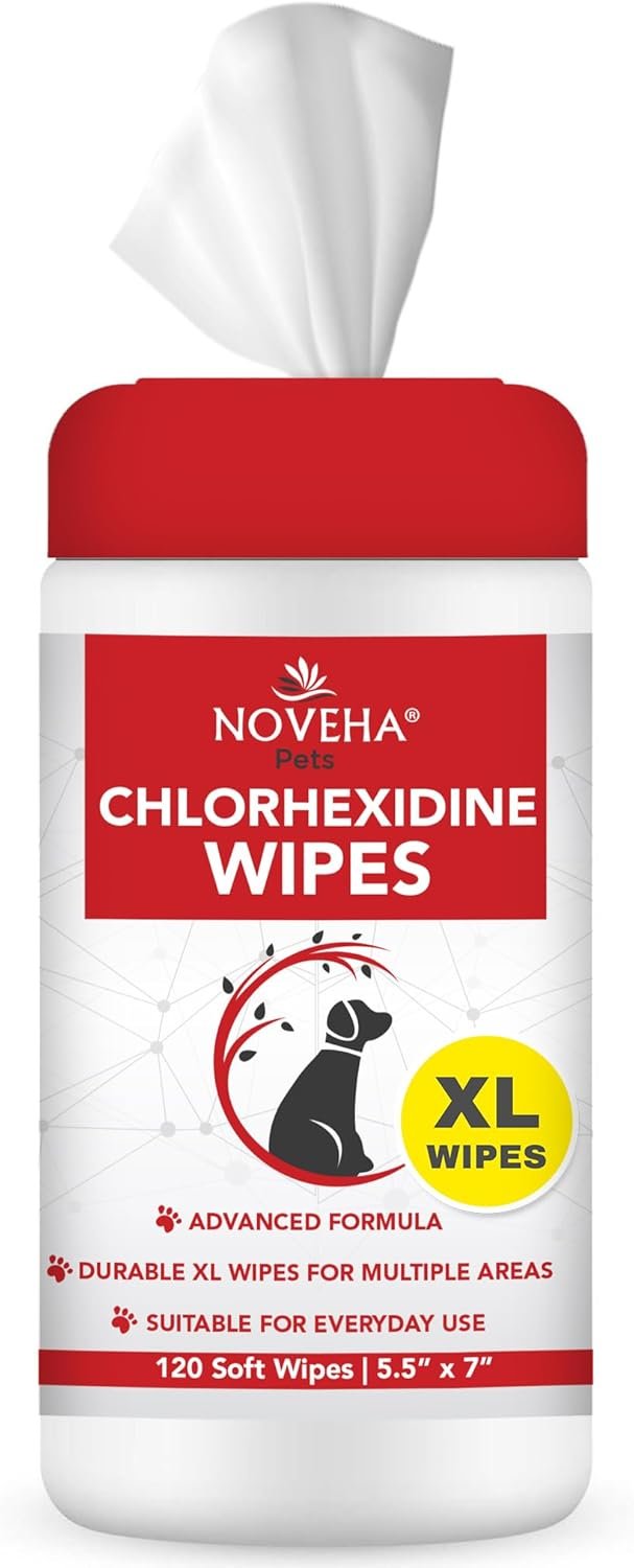 NOVEHA 120PCs XL Formulated Pet Wipes for Dogs & Cats – Safe for Facial & Finger Folds, Underarms, Groin, Hot Spots, Redness & Skin Relief, On-the-Go Size 5.5″ x 7″