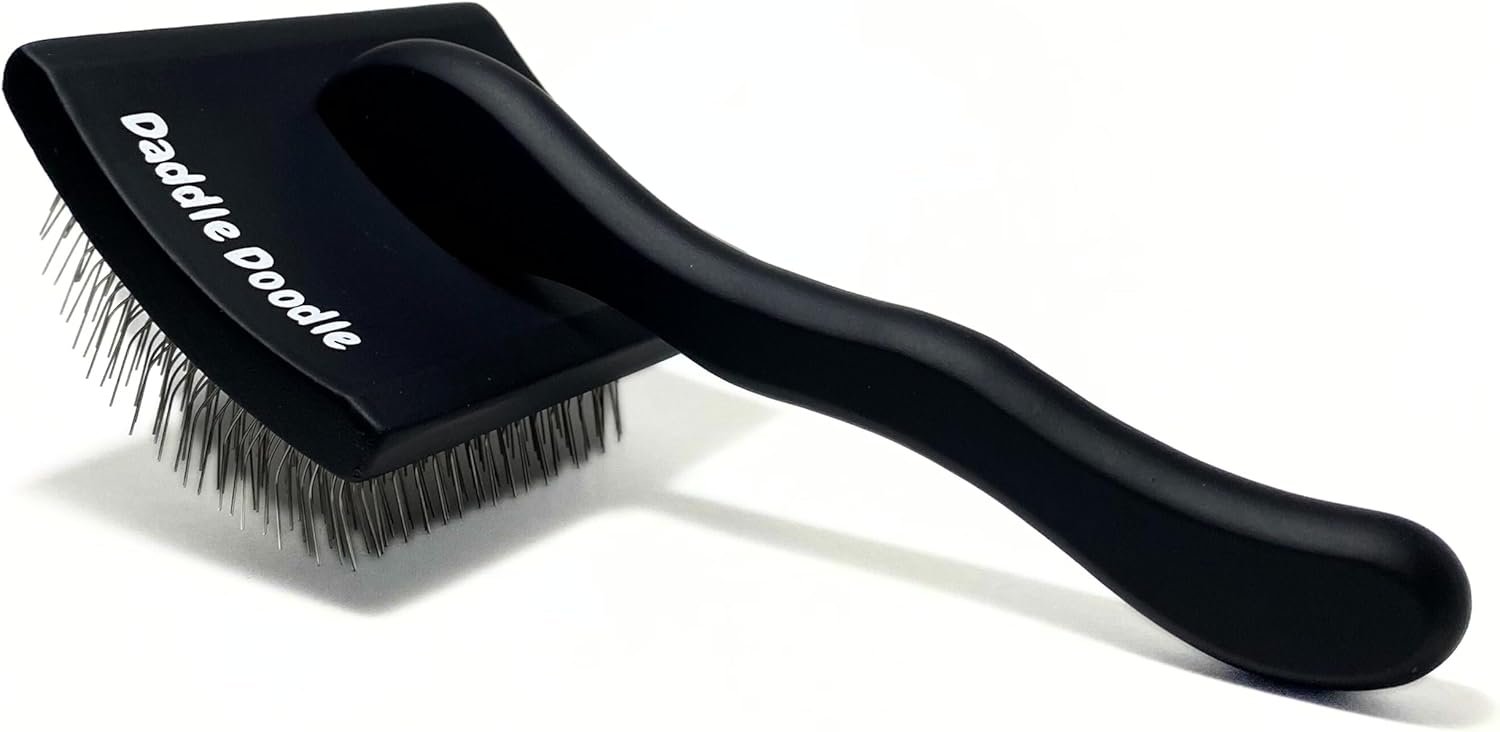 Dog Slicker Brush – Grooming Designed for All Poodles and Doodle Mixes – Fluff, Style, Detangle, and Demat – Ergonomic Handle Design – Angled Brush Pins that are Safe and Effective