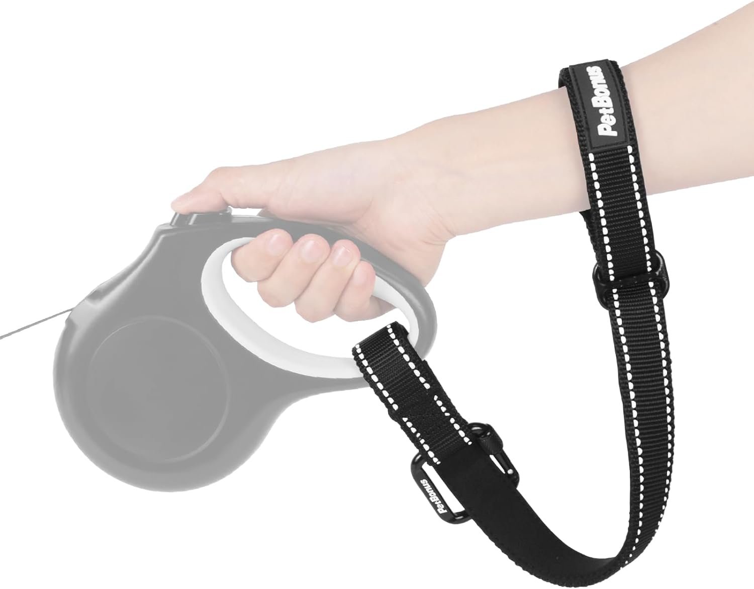 PetBonus Dog Leash Wrist Strap, Safety Strap for Retractable Leash, Lockable Reflective Short Dog Walking Lead with Adjustable Soft Padded Handle, Extra Layer Security for Pet Stroller (Black)