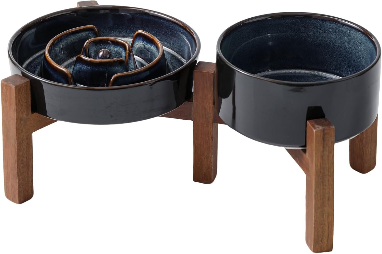 Havniva 1.2 Cup Elevated Slow Feeder Dog Bowls, 7.3” Dog Slow Feeding Bowls + 6.1” Ceramic Dog Water Bowls Set with Acacia Wood Stand, Dog Food Bowls Puzzle Feeder for Small Dogs Non-Slip Anti-choking