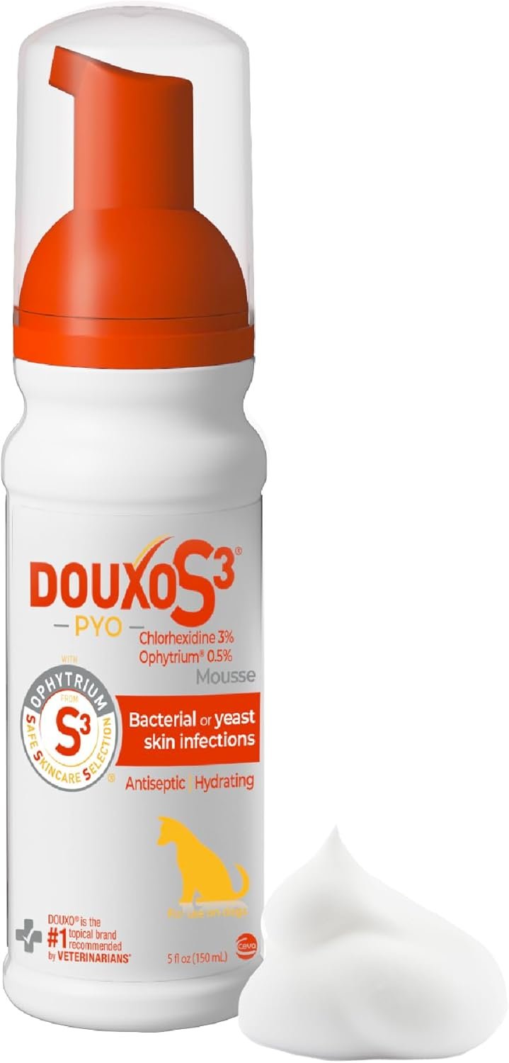 Douxo S3 PYO Medicated Dog Mousse; Bacterial & Yeast Infection Treatment for Dogs – Chlorhexidine Dog Waterless Shampoo, Antibacterial & Antiseptic, for Dogs Only, Clinically Proven, 5 fl oz