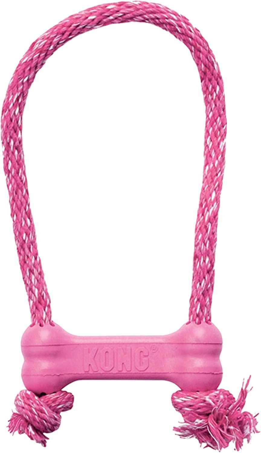KONG Puppy Goodie Bone with Rope – Natural Rubber Bone with Cotton Rope – Teeth Cleaning Chew Toy for Growing Puppies – for XS Puppies – Pink