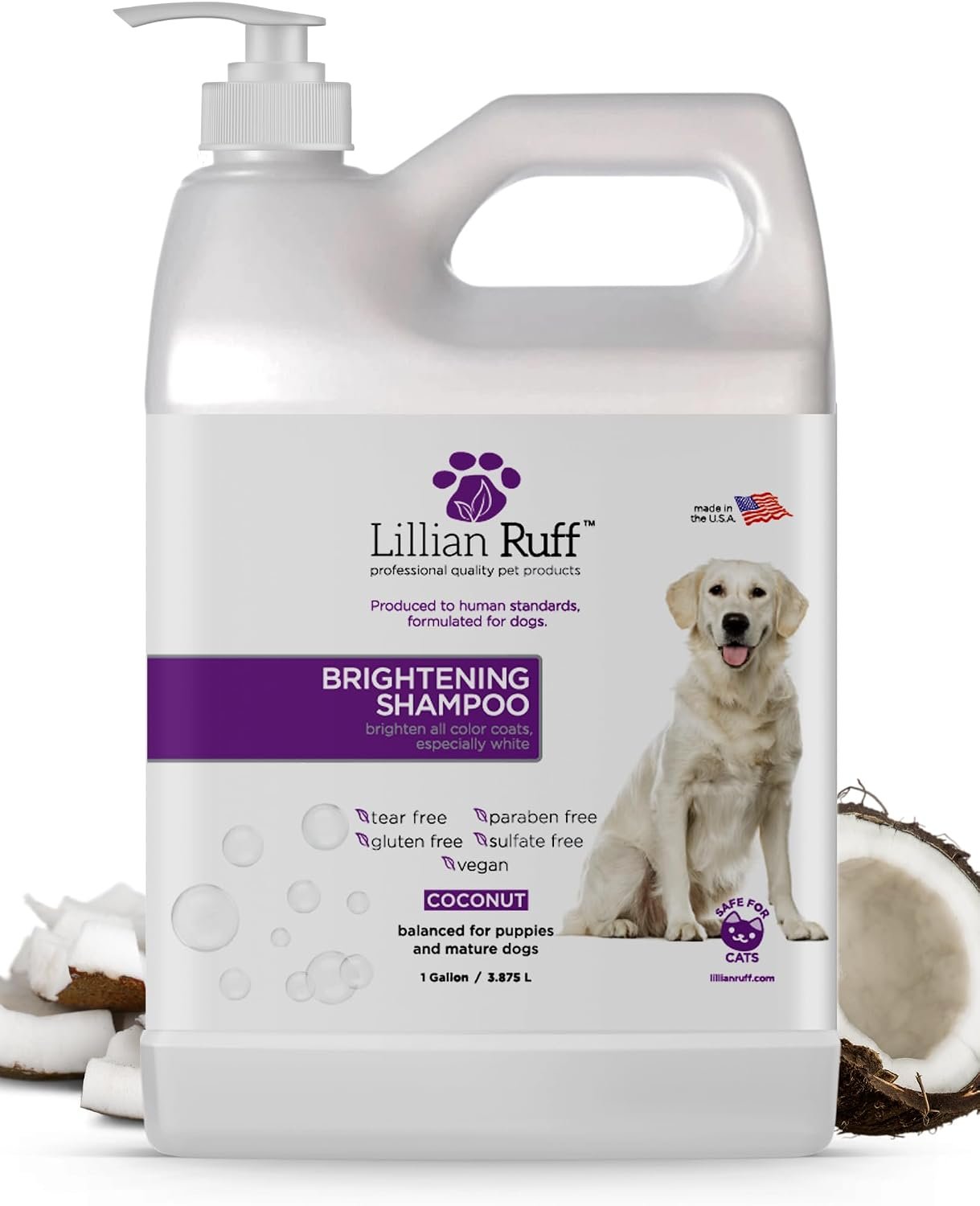 Lillian Ruff PRO Formula Ultra Brightening Dog Shampoo – Professional Whitening & Long-Lasting Odor Eliminator, Remove Stains & Discoloration, Dry Skin & Itch Relief – Aloe & Provitamin B5 Gallon+Pump