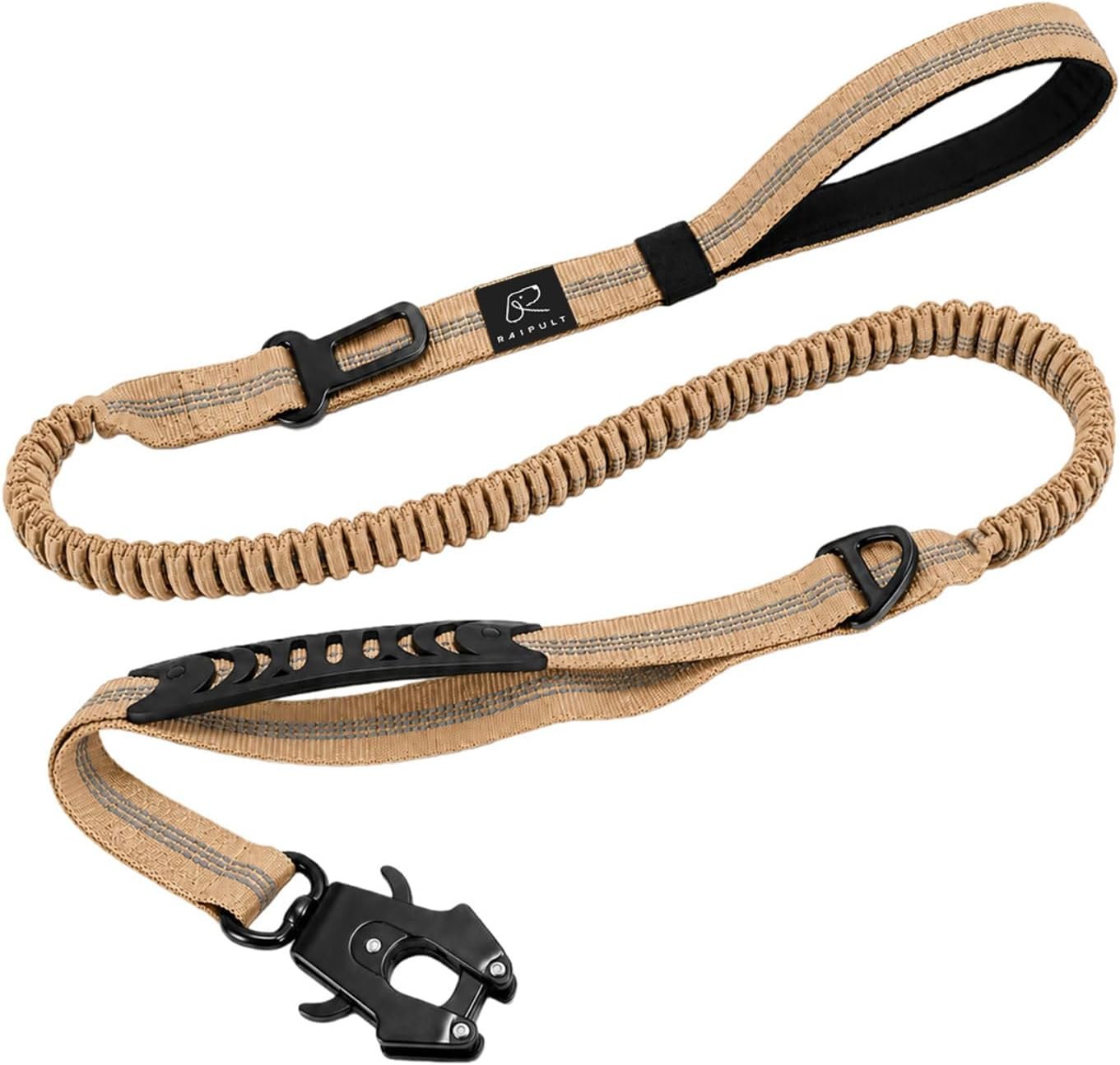 Raipult Tactical Dog Leash Heavy Duty, 4-6FT Shock Absorbing Bungee Leash with Quick Release Clip& 2 Handles, No Pull Waking Lead with Car Seatbelt for Medium Large Dogs that Pull,Khaki