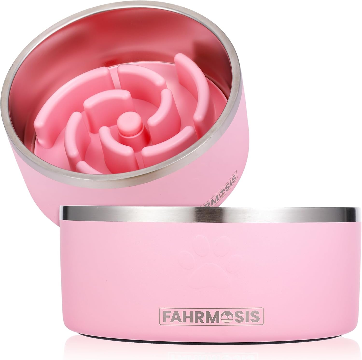 FAHRMOSIS 64 OZ Dog Bowl with Slow Feeder Insert Stainless Steel Pet Water Bowl for Medium & Large Breed Non Slip Rubber Base & Plastic Puzzle Feeder – Pink