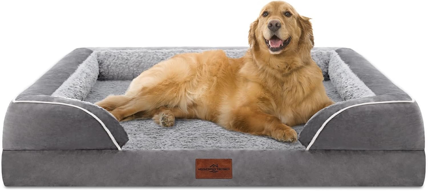 Comfort Expression Orthopedic Dog Bed for Extra Large Dogs 42×30 Inch, Waterproof Egg Crate Foam XL Pet Bed with Removable Bolsters, Dog Couch with Washable Cover & Non-Slip Bottom, Grey