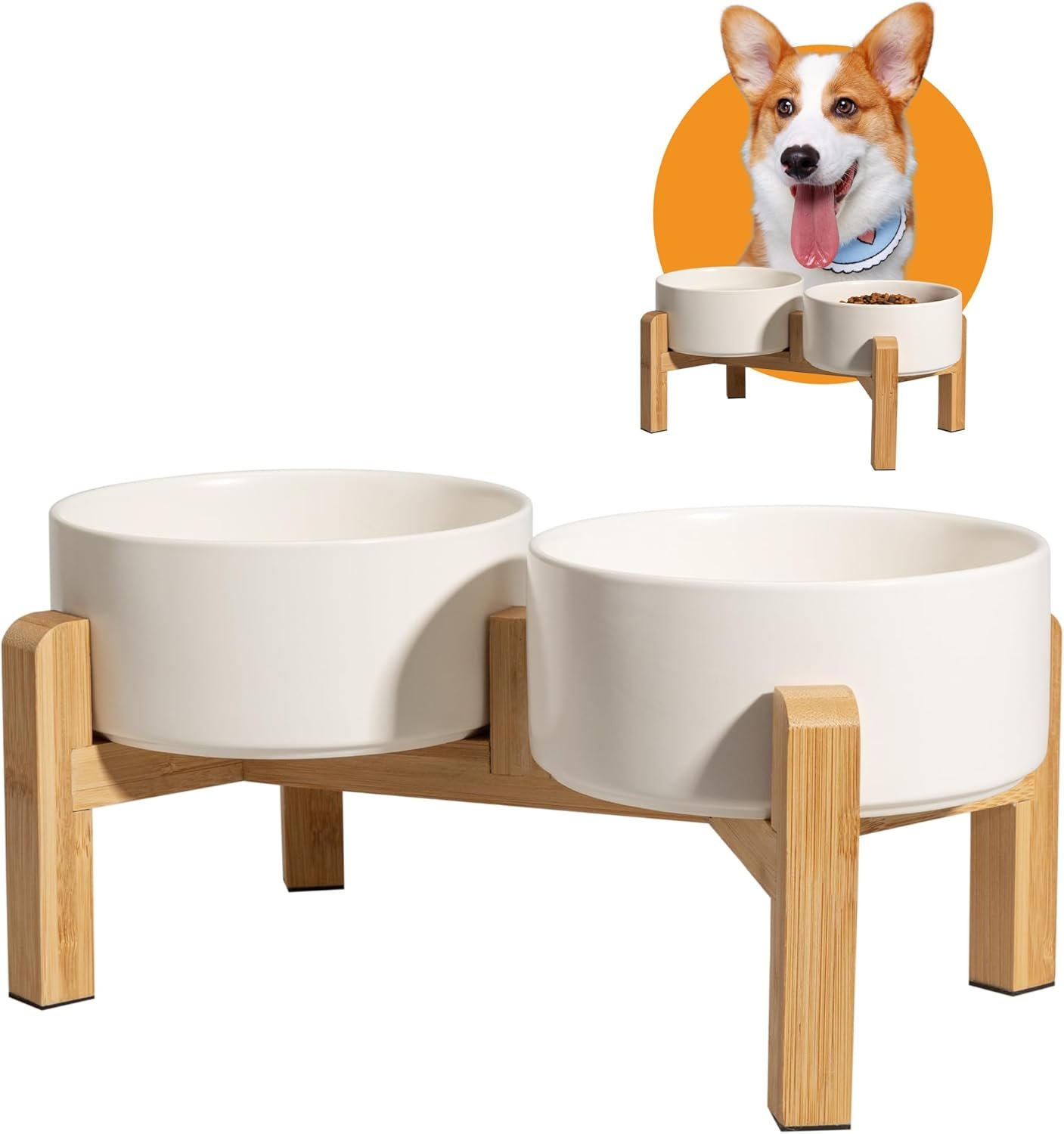 Elevated Ceramic Dog Bowl Set – Raised Dog Bowls with Non-Slip Bamboo Stand – Dog Food and Water Bowl Set – Double Dog Feeding Bowls – Suitable for Small and Medium Dogs – 28.74 OZ – 3.6 CUPS – 850 ML
