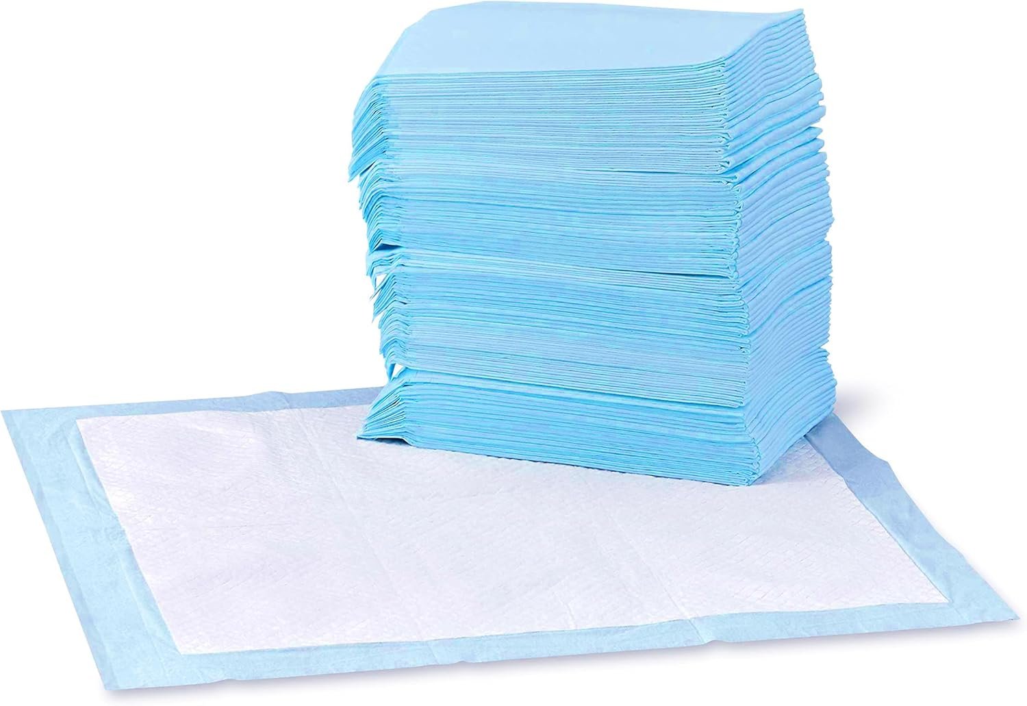 Amazon Basics Leak-Proof Dog and Puppy Potty Training Pee Pads with Quick-Dry 5-Layer Super Absorbent Design for Housebreaking, Regular Size 22×22″, Blue & White, 150 Count