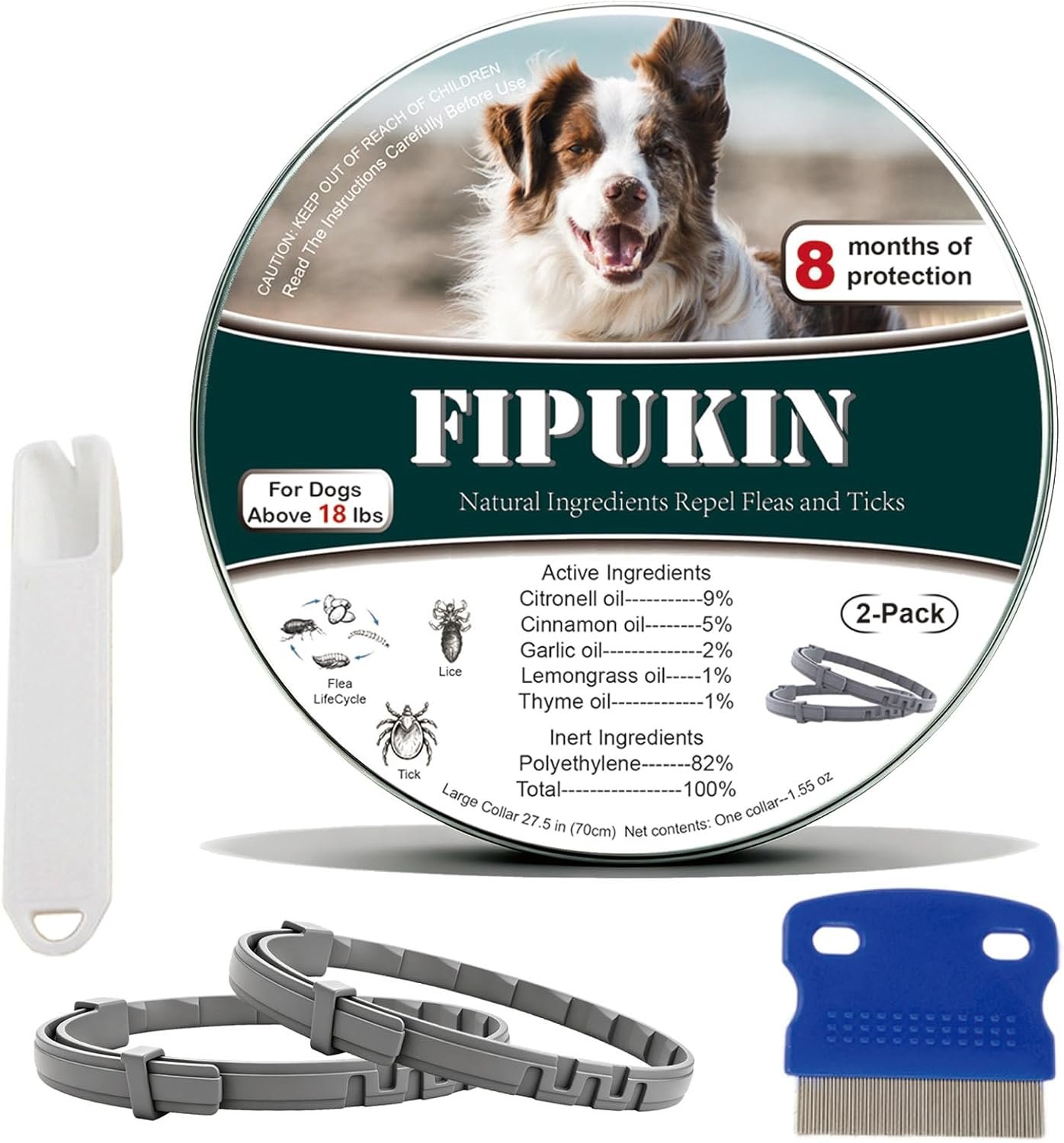 Flea and Tick Collar for Large Dogs, 2‑Pack | 8‑Month Waterproof Protection with Natural Essential Oils | Includes Comb & Tick Removal Tool