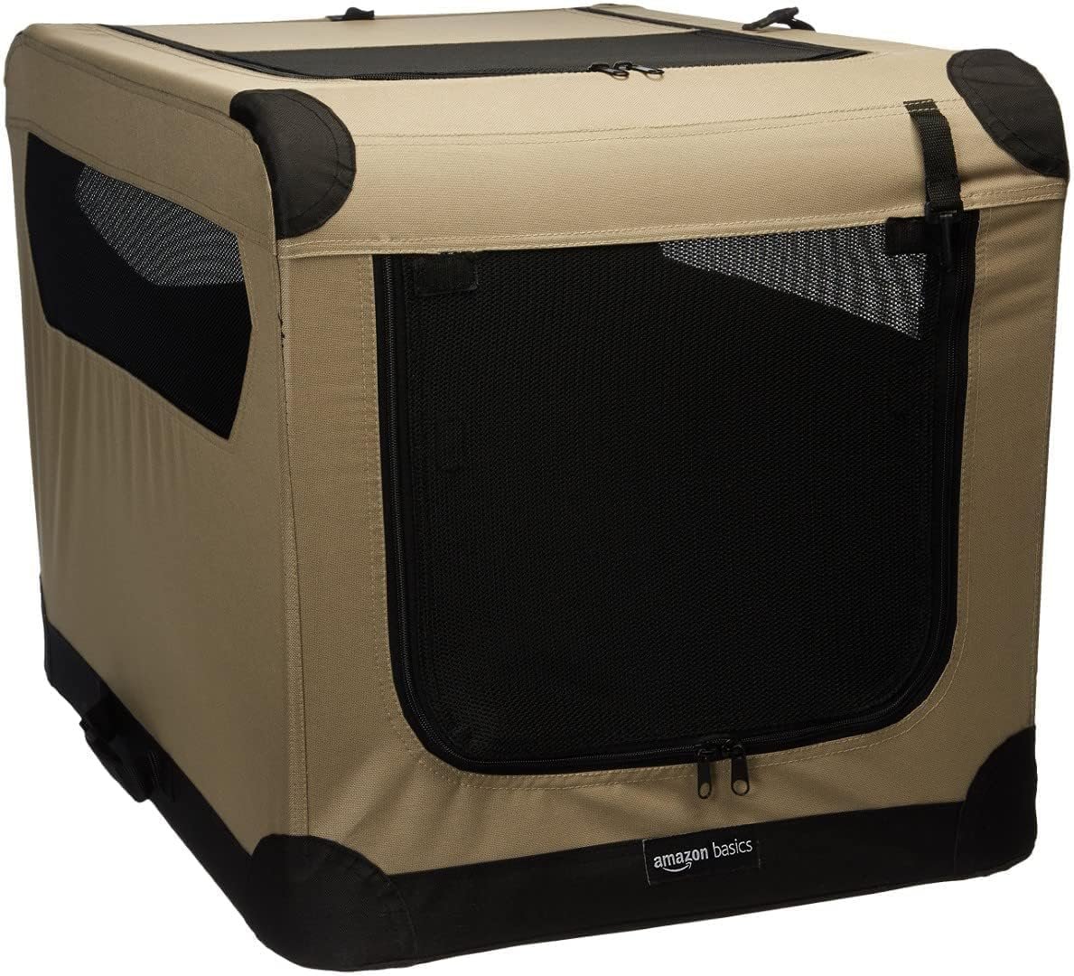 Amazon Basics Portable Folding Soft Dog Crate, Double Door, Collapsible Travel Kennel, Easy to Assemble, Medium, 29.92″ x 21.3″ x 21.3″, Tan