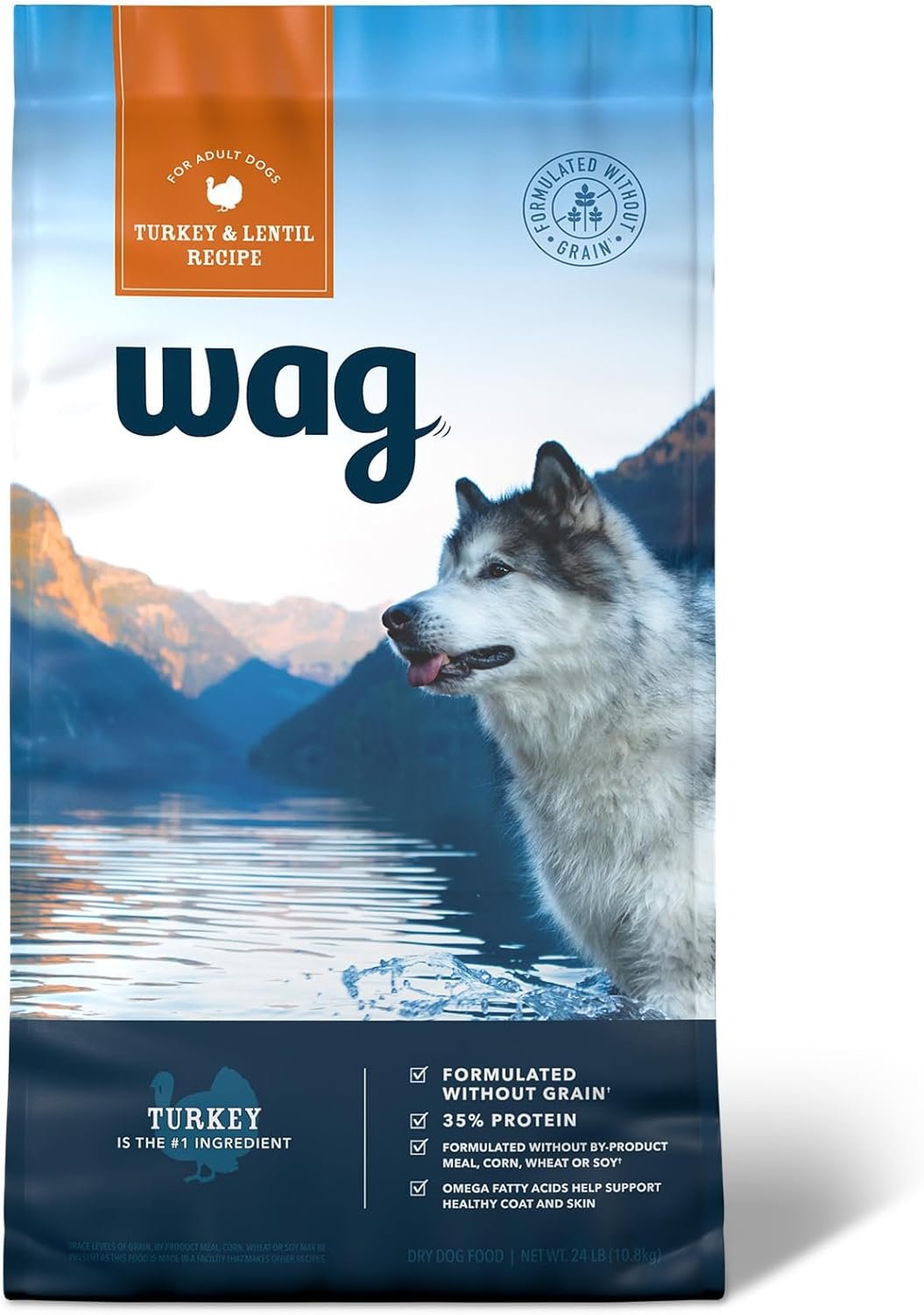 Amazon Brand – Wag Dry Dog Food Grain-Free Turkey & Lentil Recipe, High Protein (24 lb bag)