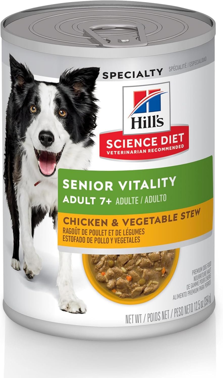 Hill’s Science Diet Adult 7+ Senior Vitality Wet Dog Food, Chicken & Vegetable Stew, 12.5 oz. Cans, 12-Pack