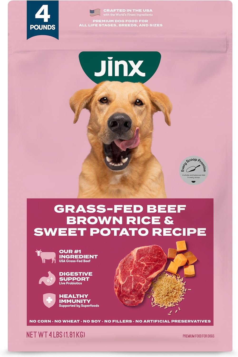 Jinx Premium Dry Dog Food, for All Lifestages – Real Beef, Brown Rice & Sweet Potato Kibble with Superfoods for Immune Support & Probiotics for Digestive Support – No Fillers – 4lb