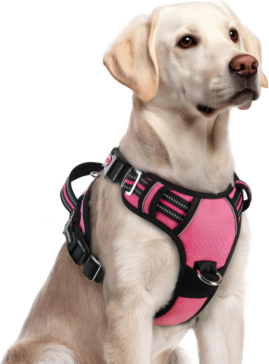 rabbitgoo Dog Harness for Large Dogs, 3 Buckles Easy On & Off No Pull Pet Vest, Soft Padded Walking Pet Harness with Control Handle, Adjustable and Reflective, Pink, L
