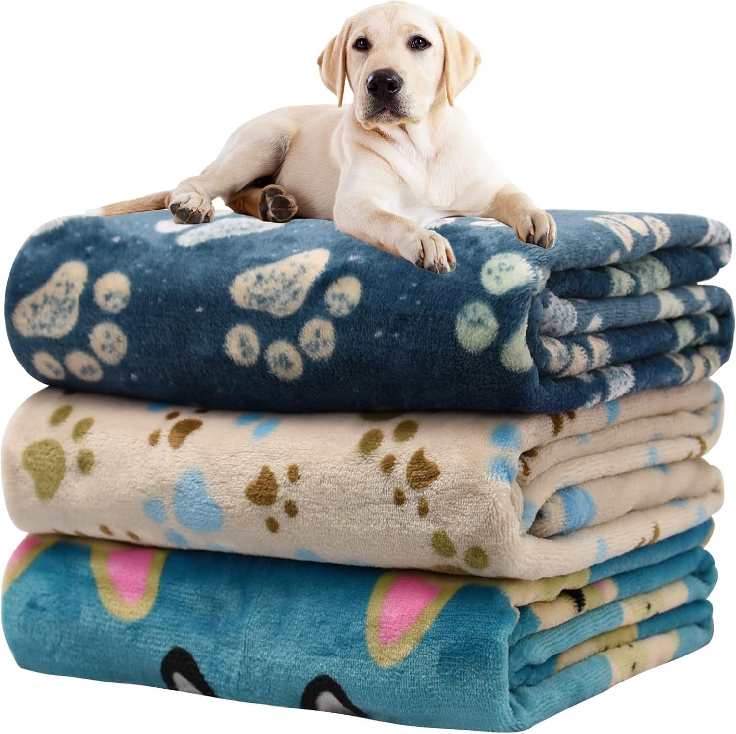 Rezutan Premium Dog Blankets for Large Dogs & Cat Flannel Blanket Washable, Soft Pet Throw Cover for Kennel Crate Bed, Cute Paw Pattern,41×31 inch, Blue/Beige/Navy Blue