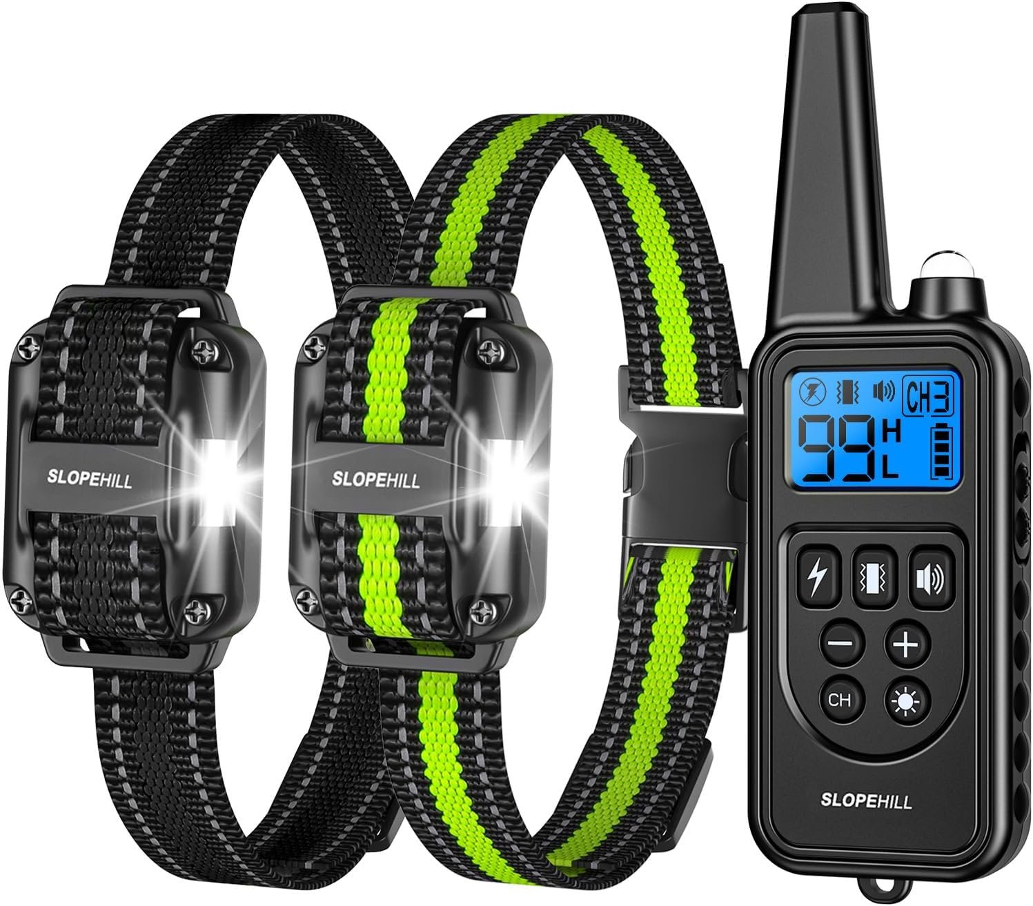 SLOPEHILL Dog Training Collar with Remote, 4200FT Electric Shock Collar with Beep,Vibration, Shock,Flash Light and No Shock Mode, Waterproof E-Collar for 8-140lbs Small Medium Large Dogs(Black Green)