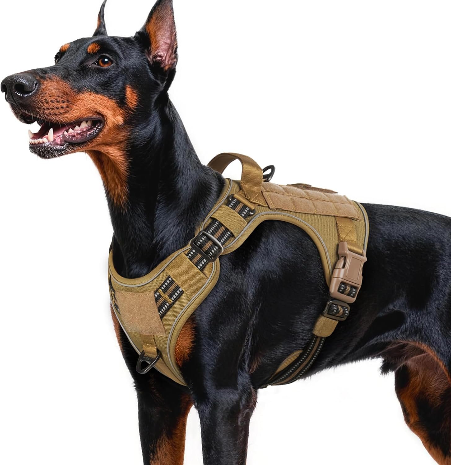 rabbitgoo Tactical Dog Harness for Large Dogs, No Pull Service Pet Vest with Molle and Easy Control Handle, Adjustable and Reflective Military Harness for Walking and Training, Brown, L