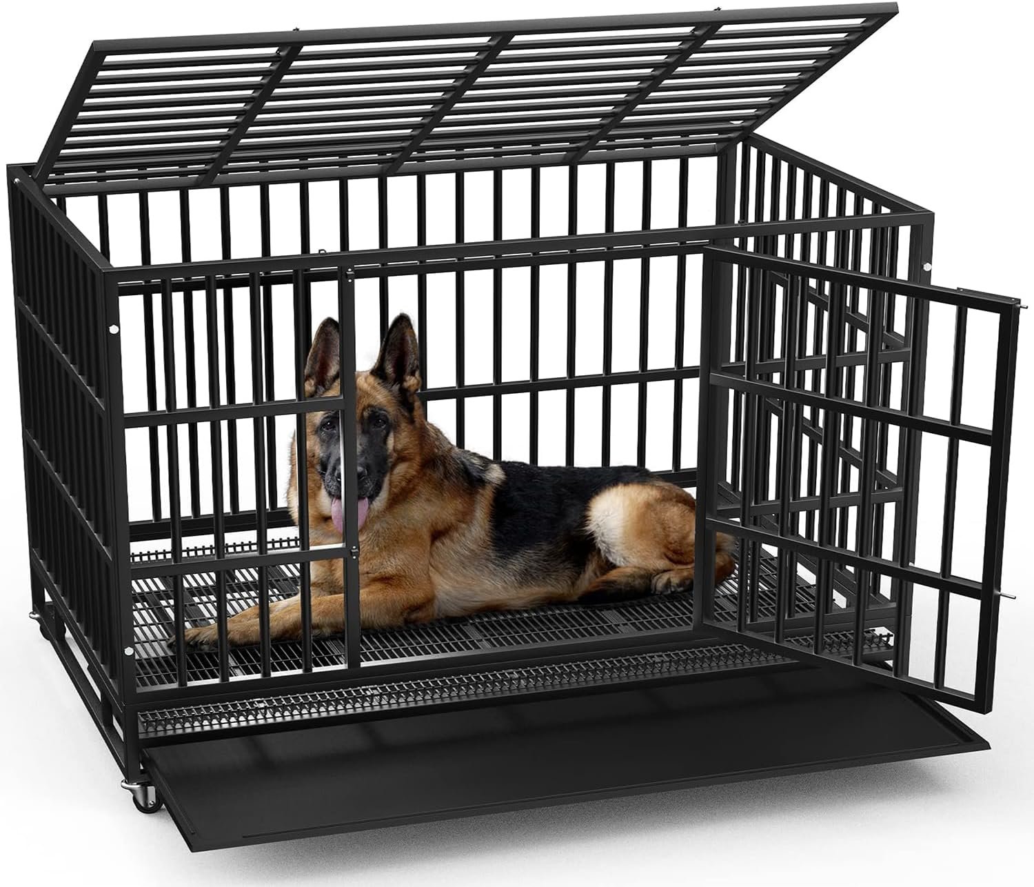 LEMBERI 48 Inch Heavy Duty Indestructible Dog Crate, 500lbs Capacity Escape Proof Double Door Kennel with Lockable Wheels, 36″ Tall XL Dog Cage with 0.8″ Steel Tubes, Removable Tray, Black