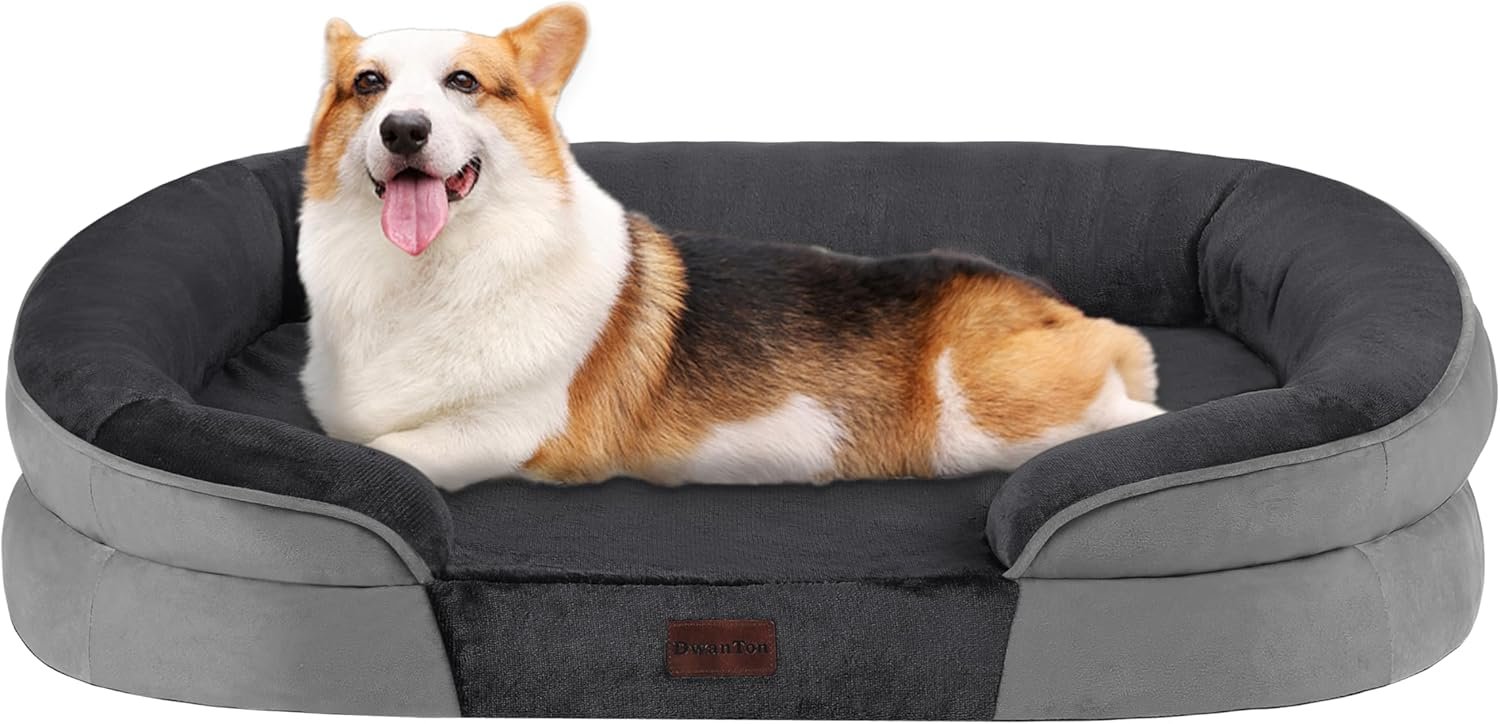 Dwanton Orthopedic Dog Bed for Medium Dogs with Gel Memory Foam, Waterproof Dog Sofa, Washable Pet Bed with Four Sided Bolster Cushion, Removable Cover & Non-Slip Bottom, 36″, Dark Grey
