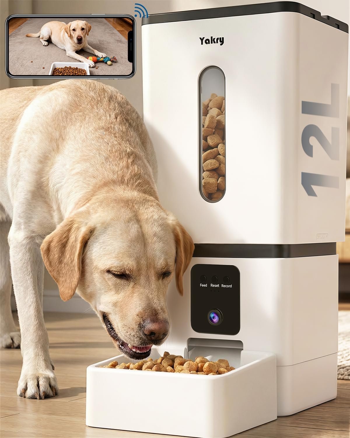 Automatic Dog Feeder Large Breed with Camera – 12L/50 Cups Anti-Clog Dog Food Dispenser for Kibble up to 20mm/0.78 in – WiFi App Scheduling & HD 1080P Camera for Remote Mealtime Check-Ins by Yakry