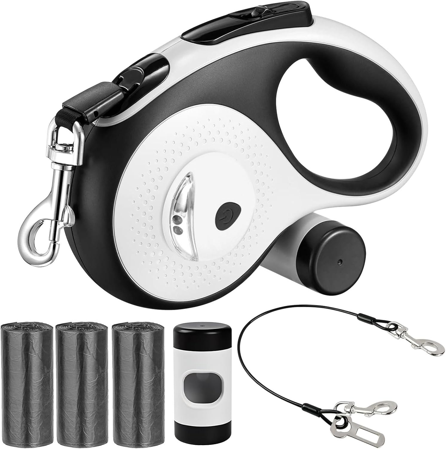 26Ft Retractable Dog Leash – for Dog Up to 110lbs, Tangle Free Walking Leash with Chew Proof Cable | LED Light | Dispenser | Poop Bags, Quick Lock Braking & Non-Slip Handle (White)