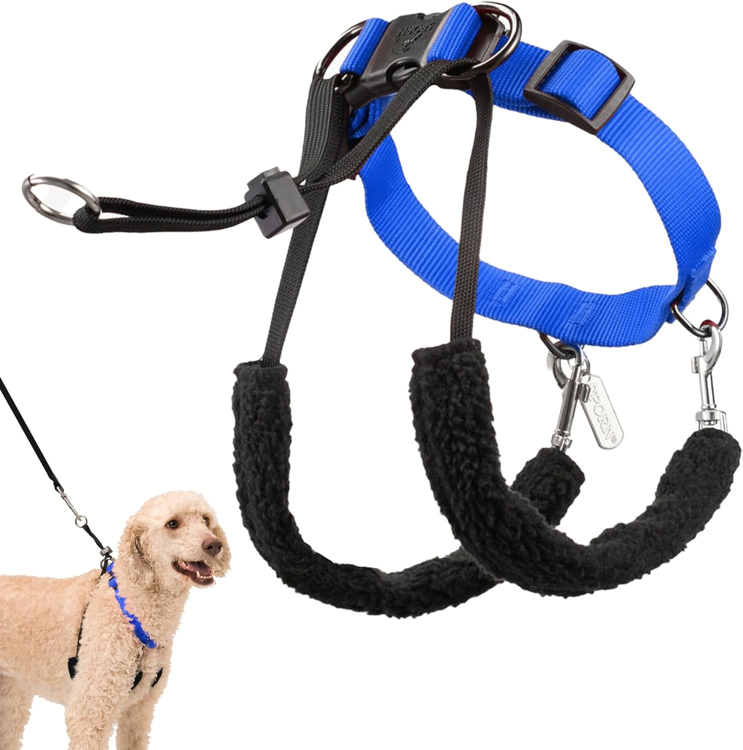Sporn Original Dog Halter, No Pull Dog Harness, Durable Nylon Collar with Padded Restraint Sleeves for Large Breeds, No Choke Design, Adjustable Fit, Easy On/Off, Blue, Large