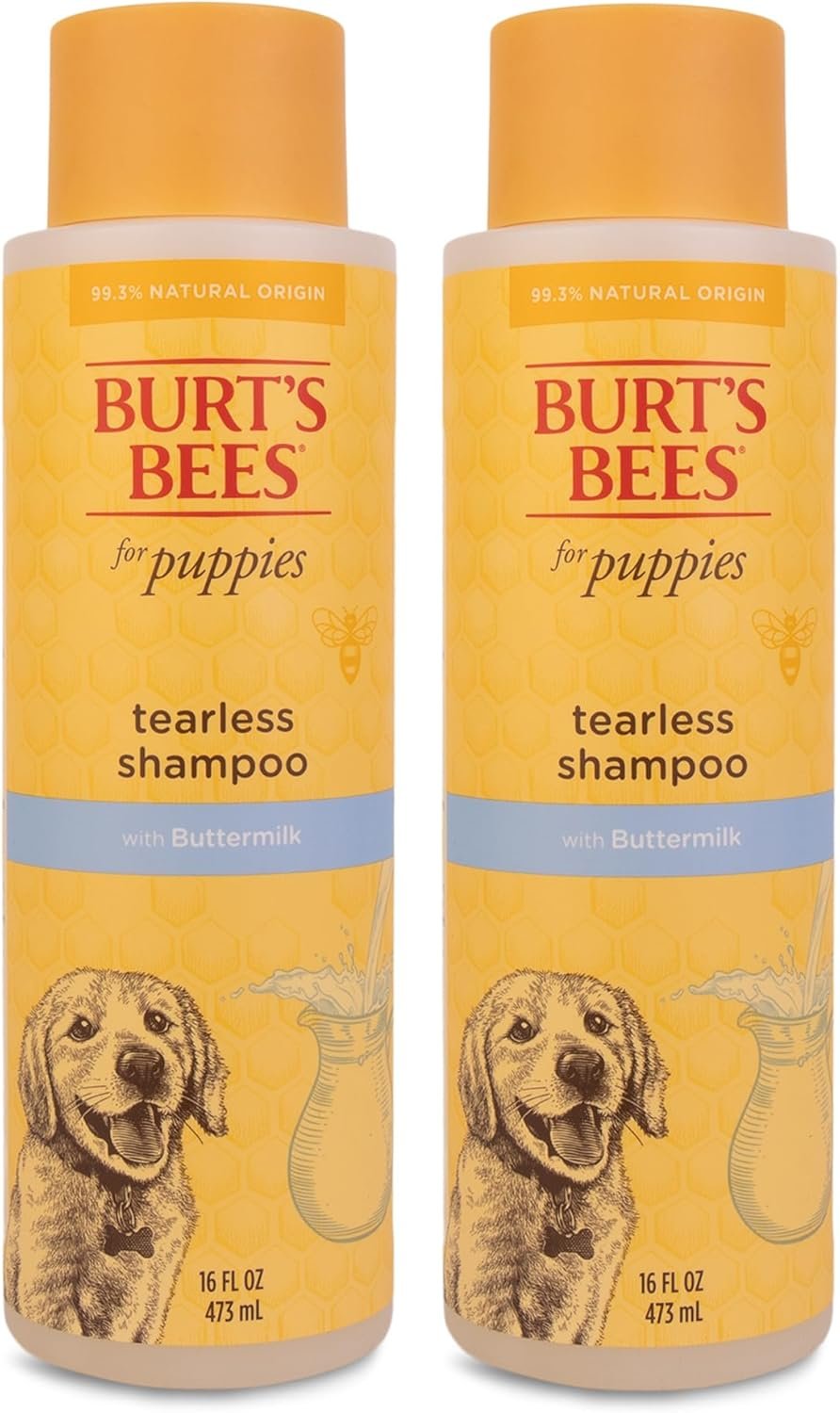 Burt’s Bees for Pets Tearless Puppy Shampoo with Buttermilk and Flaxseed Oil, Gentle Dog Shampoo for Puppies 8+ Weeks, Fragrance Free Coat Cleanser with 95% Natural Origin Formula, 16 Fl Oz – 2 Pack