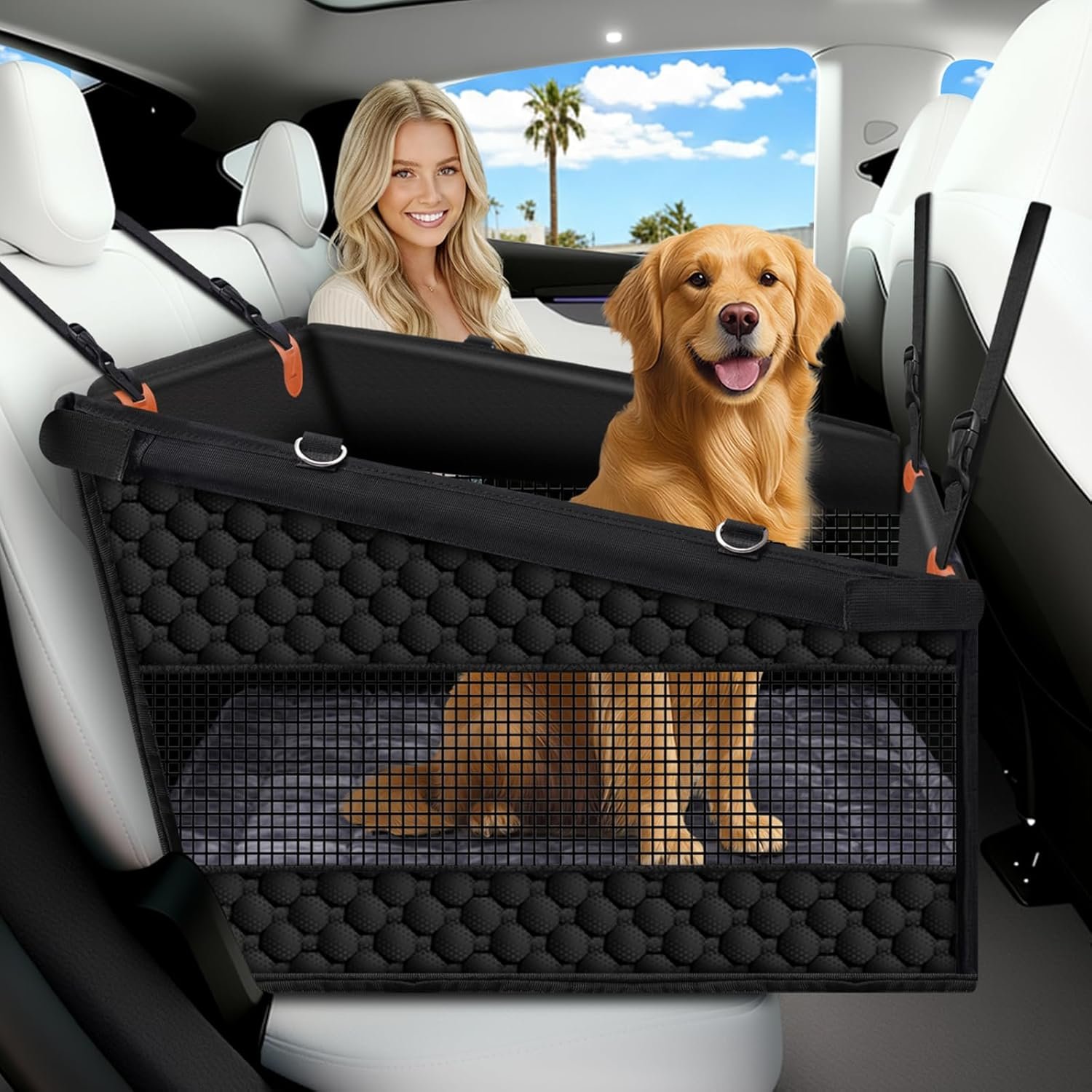Large Dog Car Seat Cover with Dog Bed Mat for Back Seat Half – Single Seat Travel Hammock Extender, Waterproof Hard Bottom for Medium & Large Dogs, Car SUV Truck Vehicle