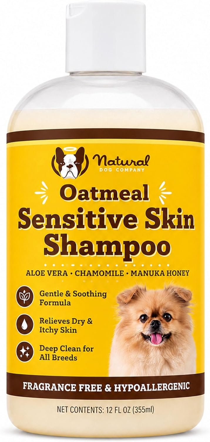 Natural Dog Company Sensitive Skin Dog Shampoo – Hypoallergenic Oatmeal Anti Itch Shampoo for Dogs, Gentle Puppy & Dog Wash with Aloe Vera, Manuka Honey & Chamomile, Odor Control, 12 oz