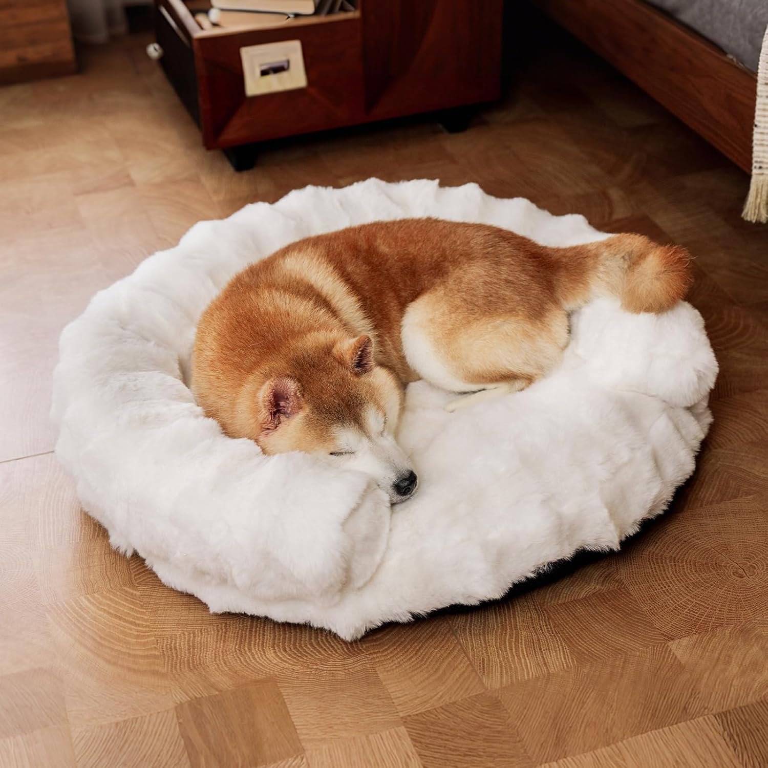 Dog Bed Couch Sofa for Small Medium Dogs and Cats 30 x 30 x 9 White | Round Plush, Orthopedic, Washable, Removable Cover, Anxiety Relief