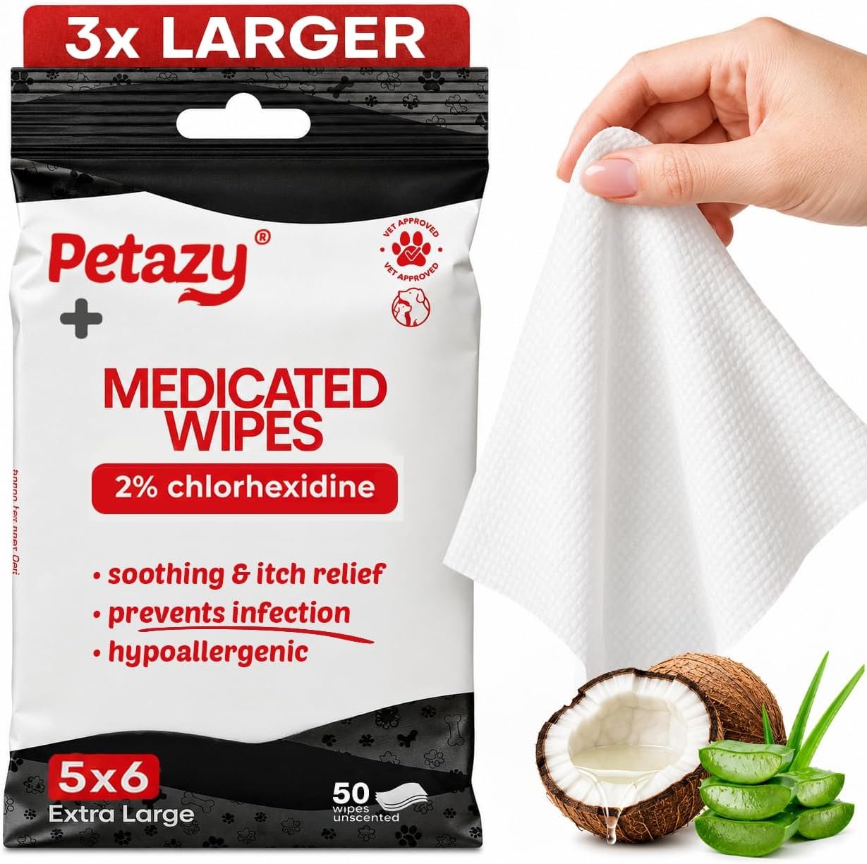 Petazy 2% Chlorhexidine Wipes for Dogs 3X Larger | Yeast Infection Ringworm Fungus Hot Spot Itch Relief | Medicated Antibacterial Antifungal Gentle Soothing Topical Wipes for Dog Cat | 50 Wipes 5×6