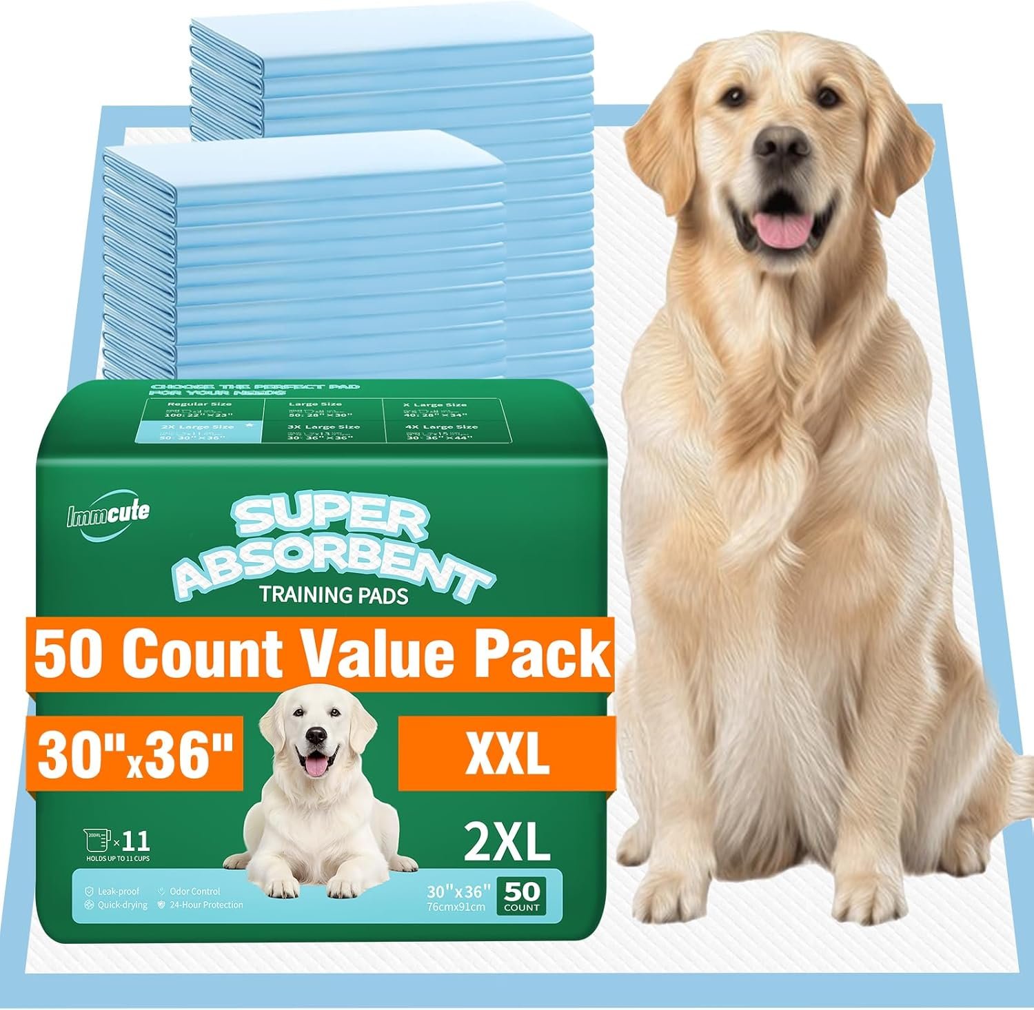IMMCUTE 50 Pack Dog Pee Pads, 30″x36″ Great Value Puppy Pads XL, Pee Pads for Dogs Cats Extra Large, Wee Wee Pads for Potty Training, Disposable Doggie Pads Super Absorbent & Leak-Proof
