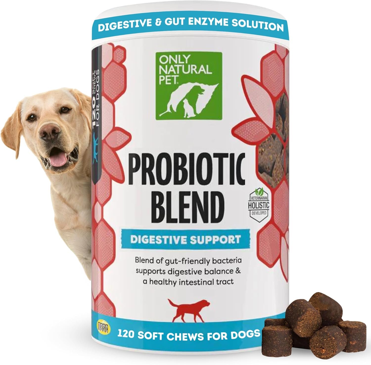 Only Natural Pet Probiotic Dog and Cat Supplement – Digestive & Gut Health Enzyme Formula, Puppy & Canine Digestive Chews, Best for Stomach Relief & Gas Aid – Soft Chews, 120 Count.