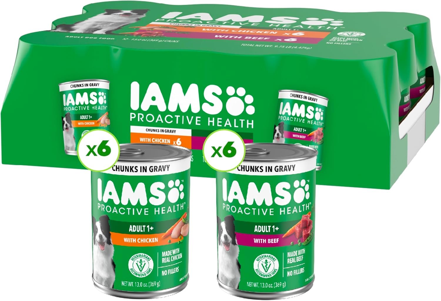 IAMS Proactive Health Wet Dog Food Adult, Canned Dog Food, Chicken Chunks in Gravy and Beef Chunks in Gravy, 13 oz. Cans, Pack of 12